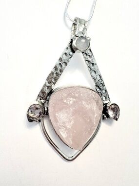 2 1/2 inch, 925 marked,, natural, rough, Rose Quartz and Pink Topaz pendant.